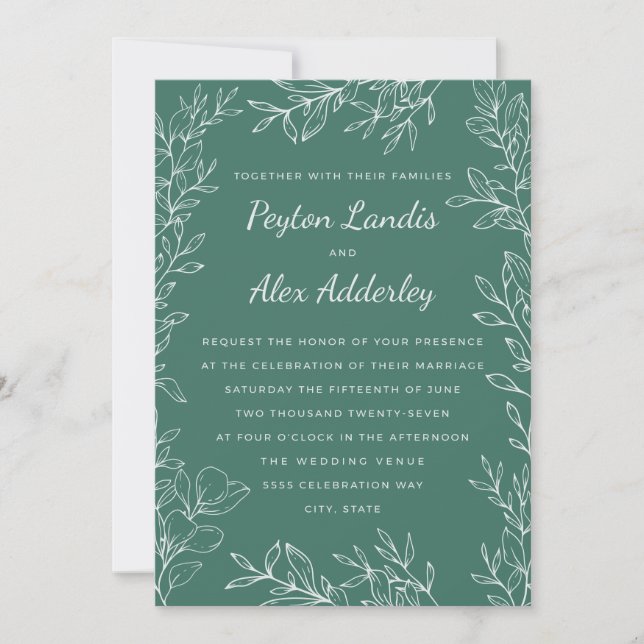 ]Green White Botanical Line Art Wedding Invitation (Front)