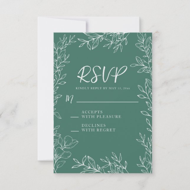 ]Green White Botanical Line Art Wedding RSVP Card (Front)