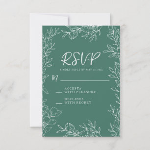 ]Green White Botanical Line Art Wedding RSVP Card