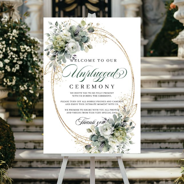 Green White Botanical Unplugged Ceremony Wedding  Poster (Green White Botanical Unplugged Ceremony Wedding Poster)