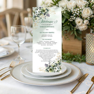 Green White Botanical Watercolor Wedding Program Programme