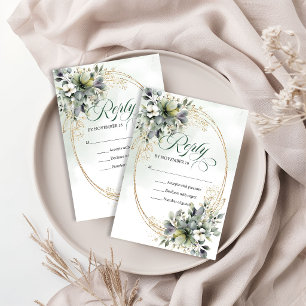 Green White Botanical Watercolor Wedding Reply RSVP Card