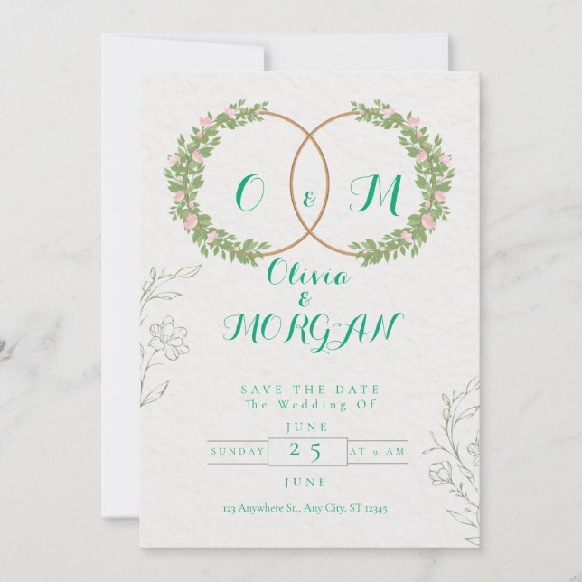Green & White Botanical Wedding Invite (Front)
