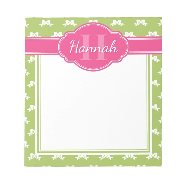 Green White Bow Pattern Pink Monogram Notepad (Front)