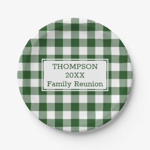 Green White Buffalo Check Your Name Family Reunion Paper Plate