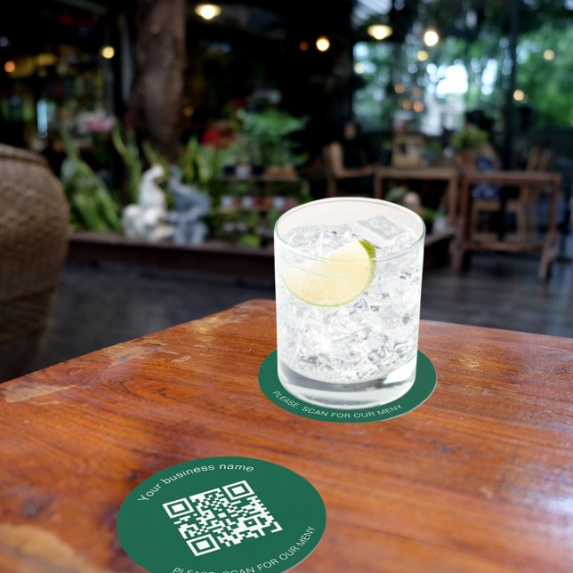 Green white business bar restaurant menu qr code round paper coaster (Creator Uploaded)
