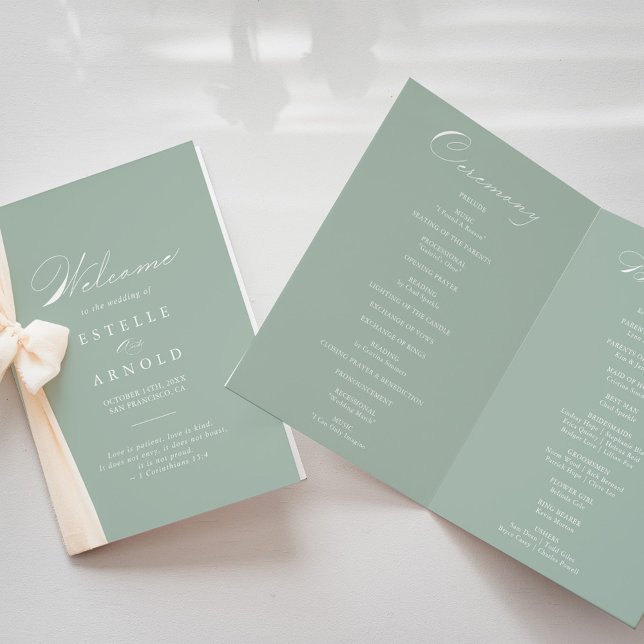 Green White Calligraphy Folded Wedding Program Programme (Creator Uploaded)