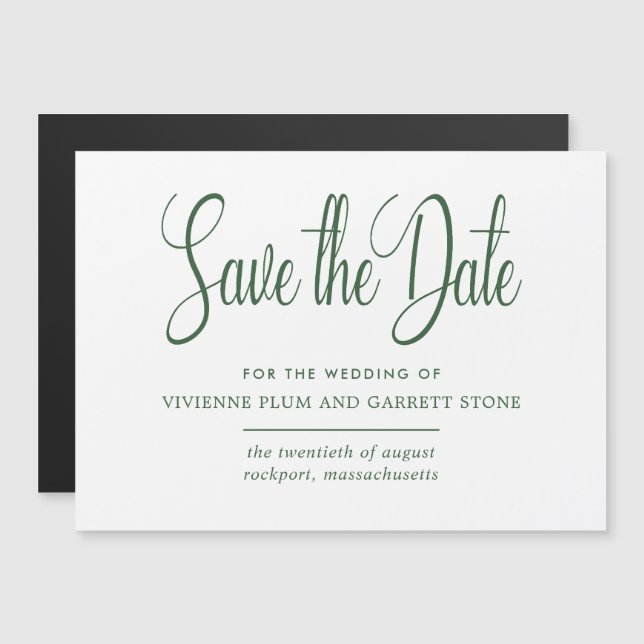 Green & White Calligraphy Wedding Save the Date Magnetic Invitation (Front/Back)