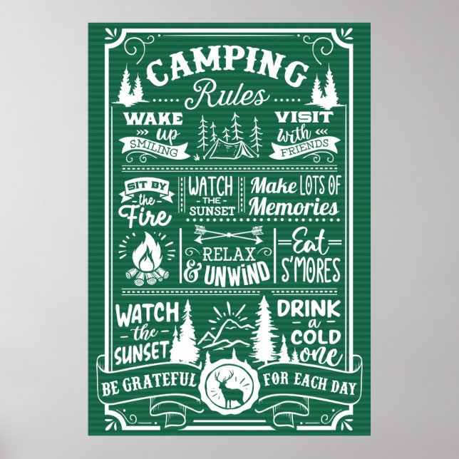 Green White Camping Rules Poster (Front)