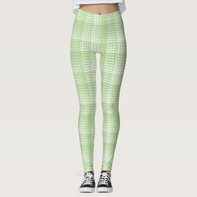 Green White Chequered Abstract Pattern Leggings (Front)