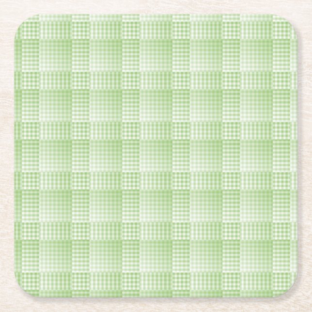 Green White Chequered Abstract Pattern Square Paper Coaster (Front)