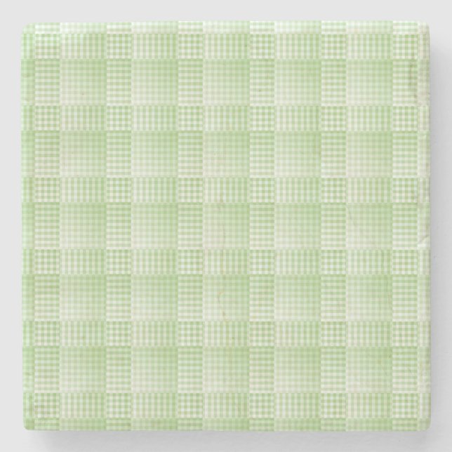 Green White Chequered Abstract Pattern Stone Coaster (Front)