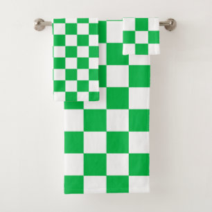 Green White Chequered Check Pattern Bath Towel Set