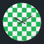 Green White Chequered Check Pattern Large Clock<br><div class="desc">Green and White Check Chequered Geometric Squares Pattern Design</div>