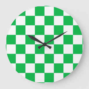 Green White Chequered Check Pattern Large Clock