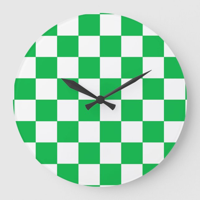 Green White Chequered Check Pattern Large Clock (Front)
