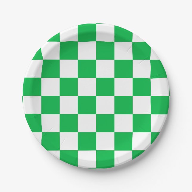 Green White Chequered Check Pattern Paper Plate (Front)