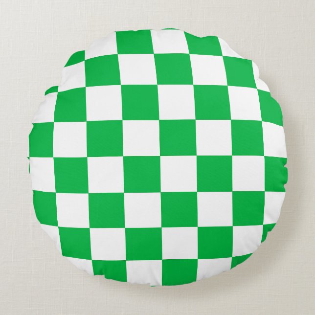 Green White Chequered Check Pattern Round Cushion (Front)