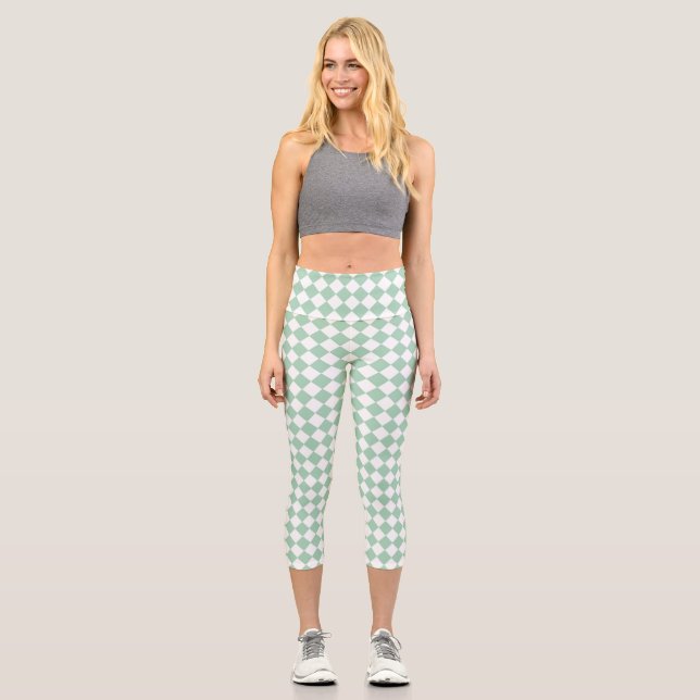 Green White Chequered Diamond Pattern  Capri Leggings (Front)
