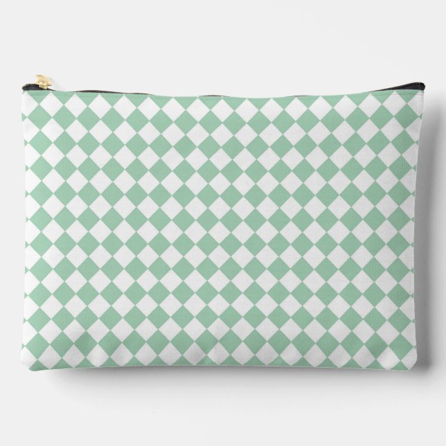 Green White Chequered Diamond Pattern Large Accessory Pouch (Front)