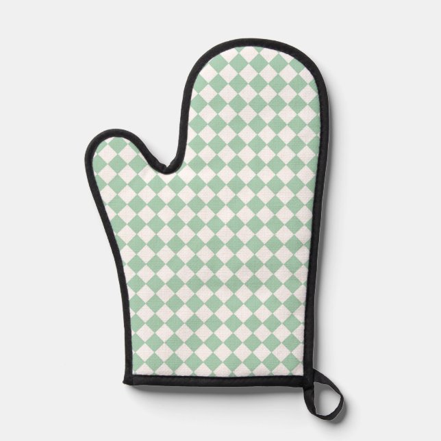 Green White Chequered Diamond Pattern Oven Mitt (Front)