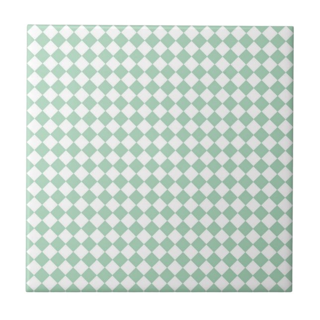 Green White Chequered Diamond Pattern Tile (Front)