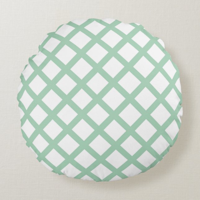 Green White Chequered Diamond Stripes Pattern Round Cushion (Front)
