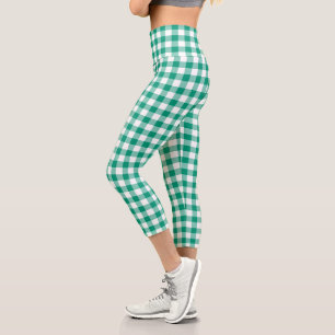Green White Chequered Gingham Plaid Pattern Capri Leggings