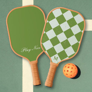 Green White Chequered Pattern Monogram Play Nice Pickleball Paddle
