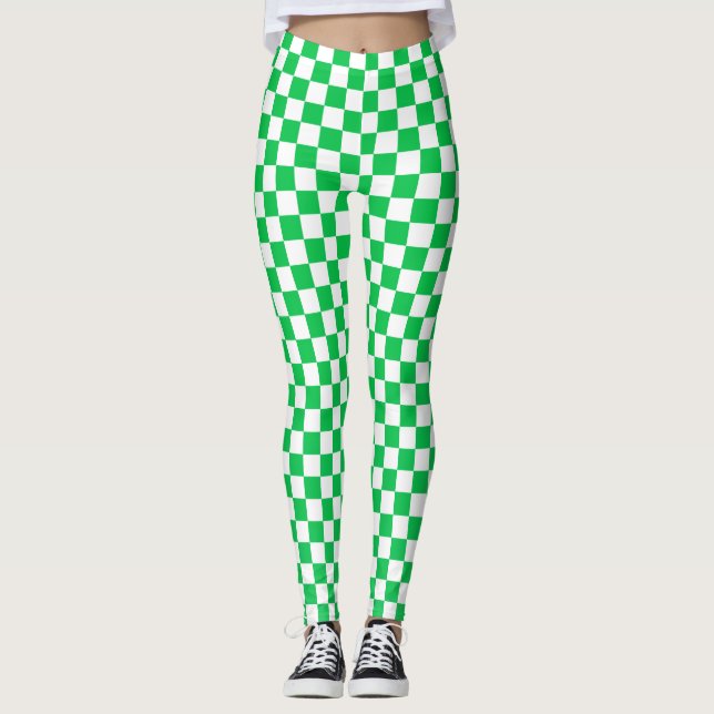 Green & White Chequered Spandex Leggings (Front)