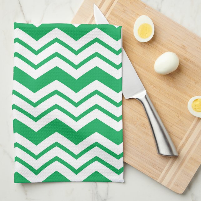 Green White Chevron Zigzag Pattern Design  Tea Towel (Quarter Fold)