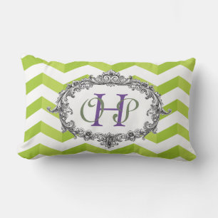 Green & White Chevrons and Oval Frame w/ Monogram Lumbar Cushion