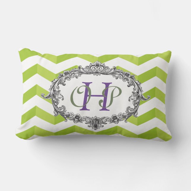 Green & White Chevrons and Oval Frame w/ Monogram Lumbar Cushion (Front)