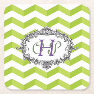 Green & White Chevrons and Oval Frame w/ Monogram Square Paper Coaster