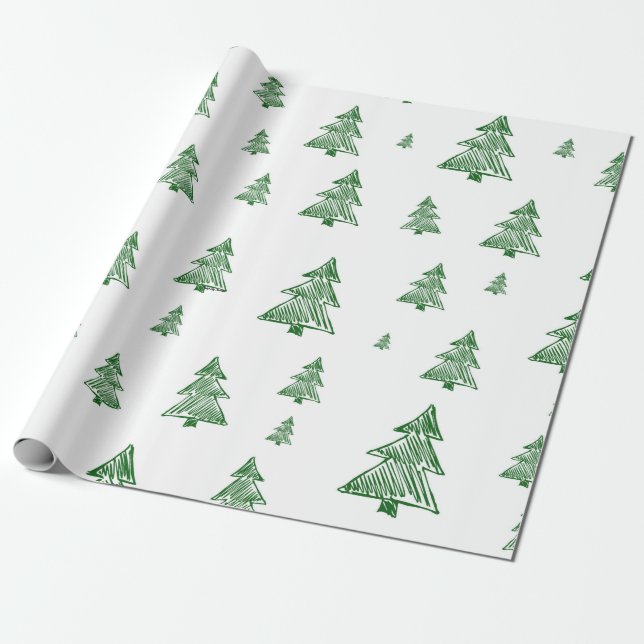 Green & White Christmas Tree Print Wrapping Paper (Unrolled)