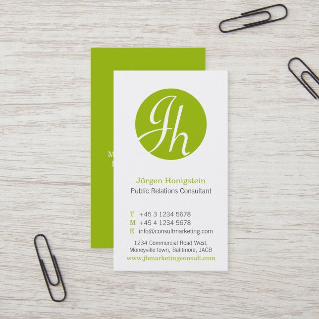 Green white circle initial modern business card (Front/Back In Situ)
