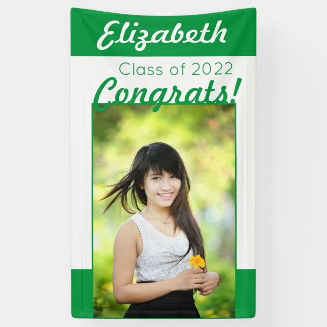 Green & White Congrats One Photo Graduation Party Banner (Vertical)