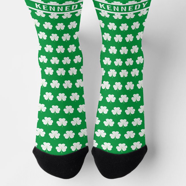Green White Custom Name Shamrock Clover Pattern Socks (Creator Uploaded)