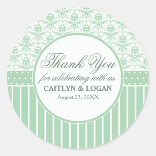 Green White Damask and Stripes Wedding Favour Seal