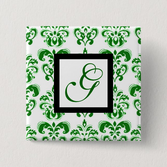 GREEN WHITE DAMASK BLACK SQUARE MONOGRAM 15 CM SQUARE BADGE (Front)