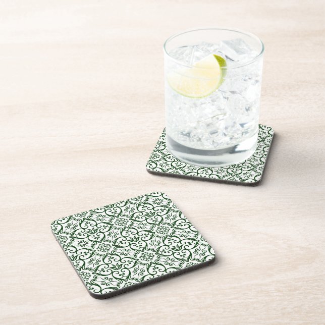 Green & White Damask Cork Coasters (Right Side)