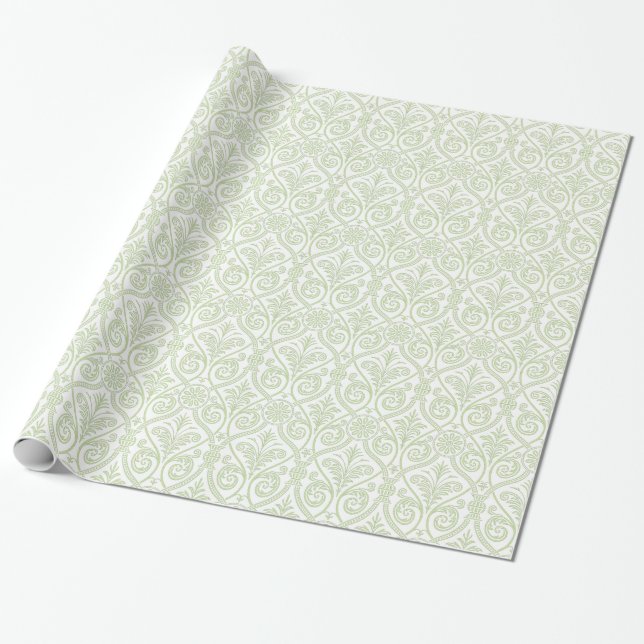 Green & White Damask Gift Wrap (Unrolled)
