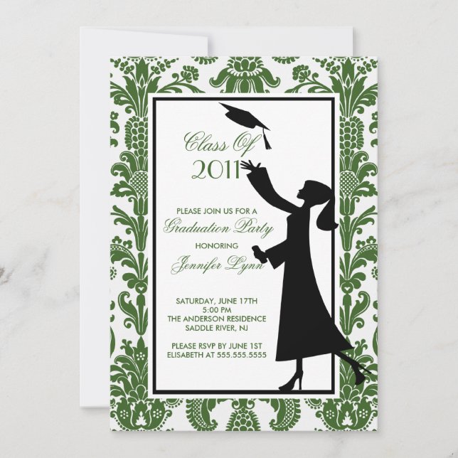 Green & White Damask Graduation Invitation Grad (Front)