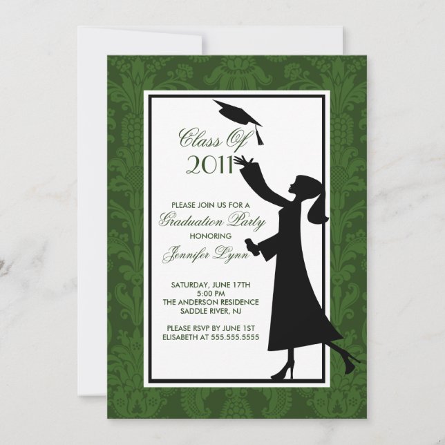 Green & White Damask Graduation Invitation Grad (Front)