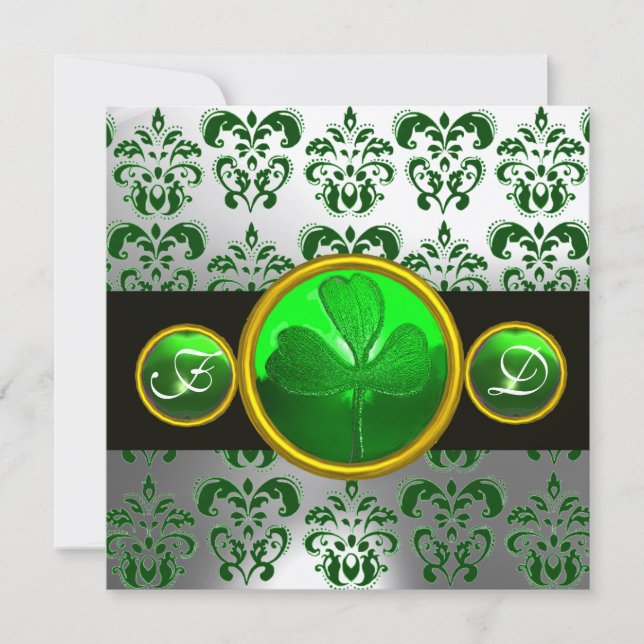 GREEN WHITE  DAMASK ,SHAMROCK MONOGRAM,Black Invitation (Front)