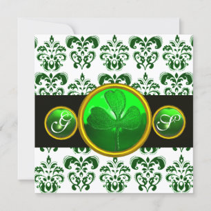 GREEN WHITE DAMASK ,SHAMROCK MONOGRAM St Patrick Invitation