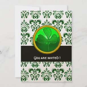 GREEN WHITE DAMASK WITH SHAMROCK Black Champagne Invitation