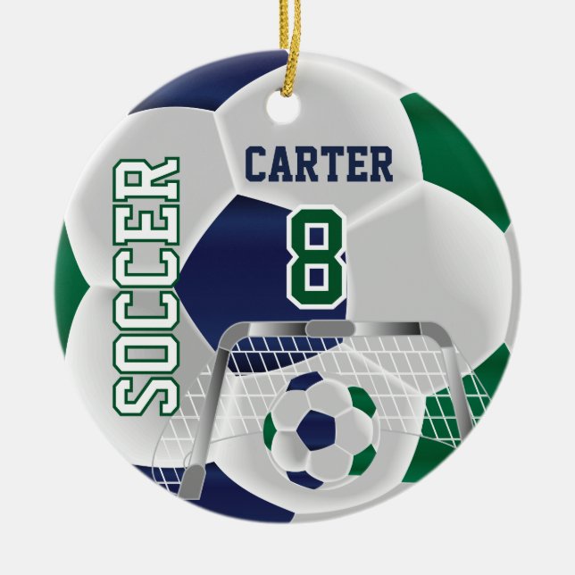 Green, White & Dark Blue Personalise Soccer  ⚽ Ceramic Tree Decoration (Front)