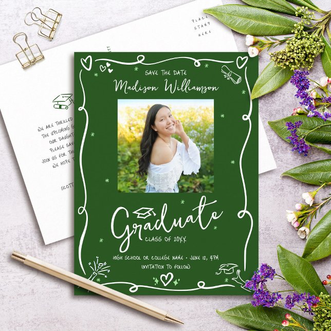Green White Doodles Graduation Save the Date Photo Invitation Postcard (Creator Uploaded)