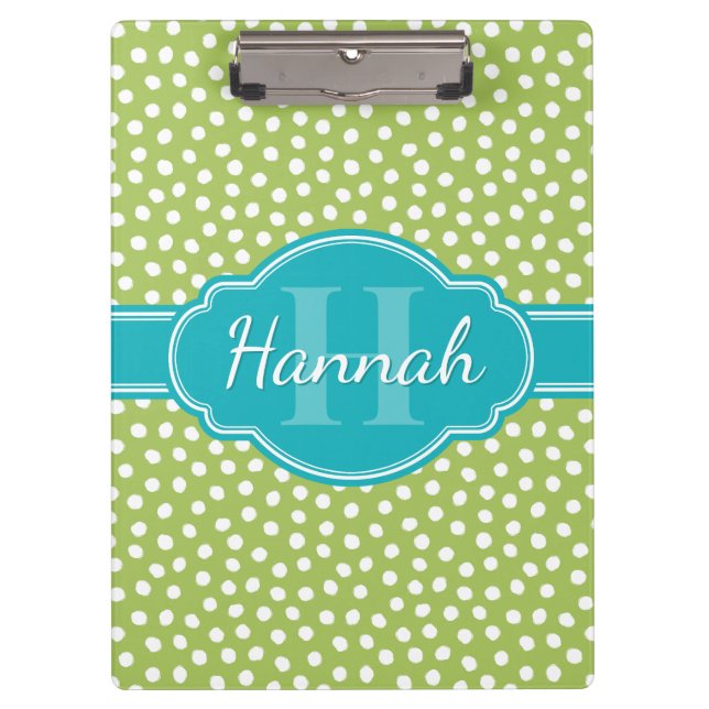 Green White Dotted Pattern Teal Monogram Clipboard (Front)